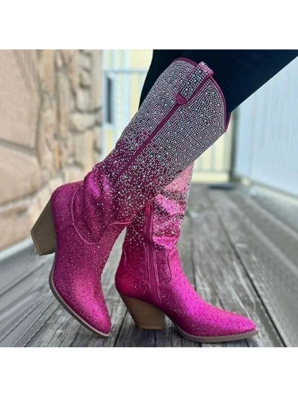 Posh Wild Ones Fuchsia Ombre Rhinestone Western Cowgirl Knee Boots Hot Pink - Picture 16 of 17